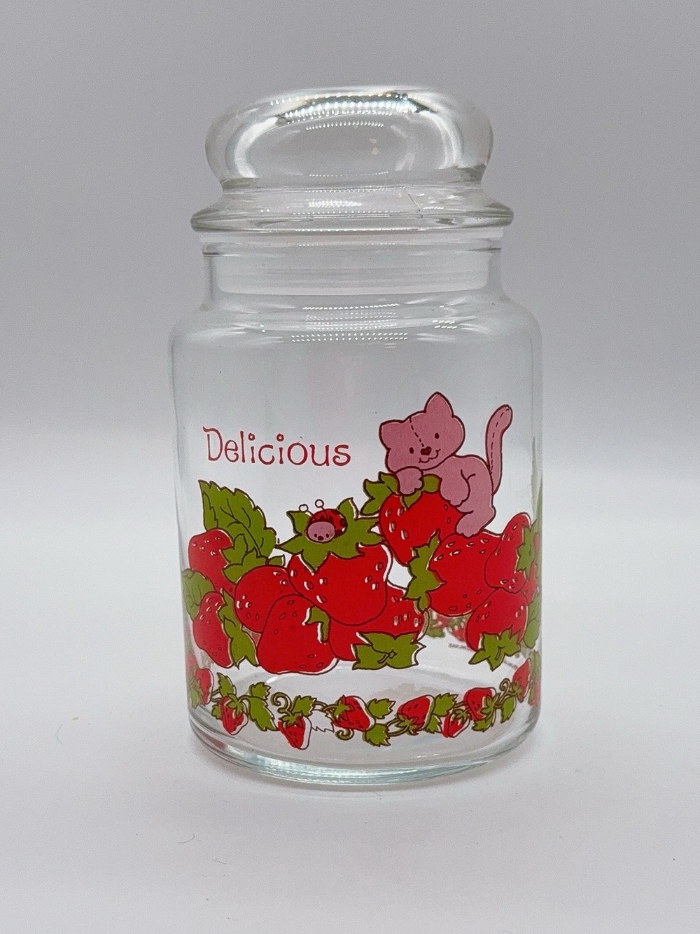 Vintage Strawberry Shortcake Custard the Cat Glass Jar With Lid 7"